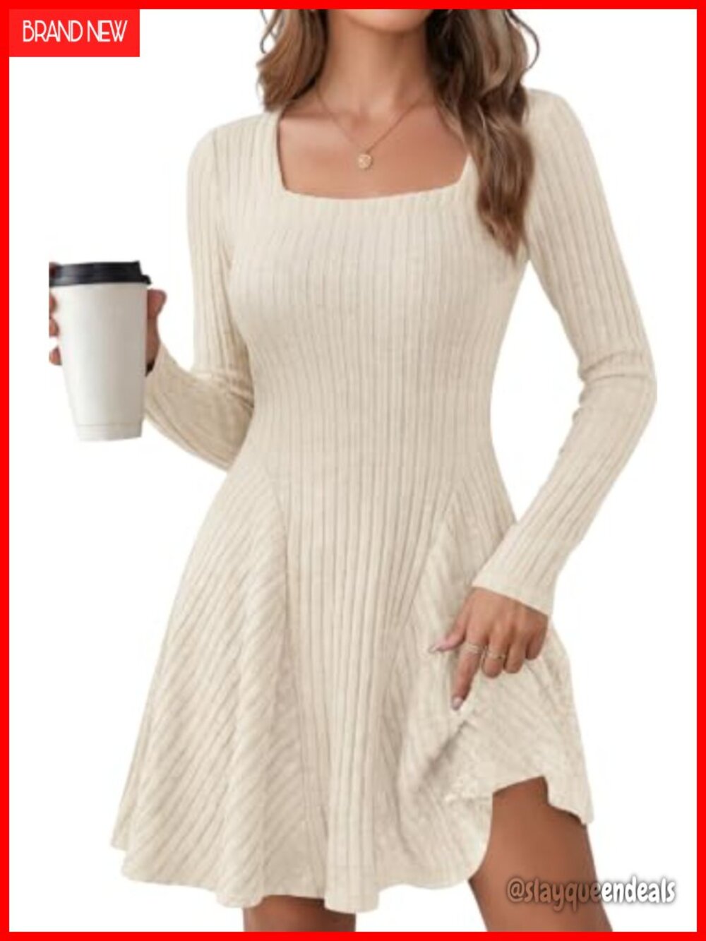 Ribbed Knit Sweater Dress Square Neck A Line Fit and Flare Long Sleeve